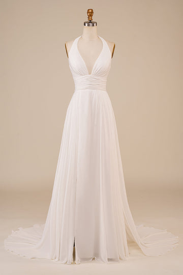 A-Line Halter Ivory Sweep Train Vestido de novia con hendidura